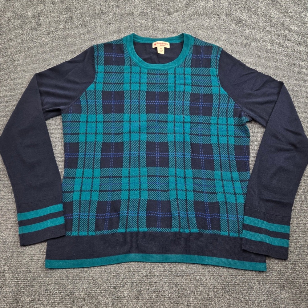 Brooks Brothers Sweater Mens M Navy Teal Plaid Merino Wool Red Fleece Preppy